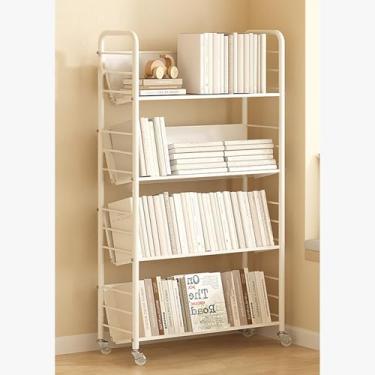 Imagem de Porta-revistas de metal branco de 5 camadas com rodas - Organizador de piso moderno e suporte de exibição de brochura para estudo e quarto - solução de armazenamento elegante (tamanho: 69 x 31 x 177,8