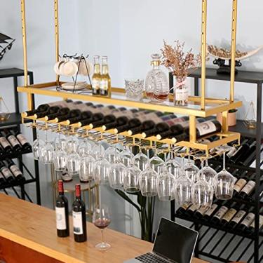 Imagem de Prateleiras para garrafas de vinho, rack de vinho de metal montado no teto com suporte de vidro, rack de pendurar para copo de vinho, prateleira decorativa de teto, altura ajustável, 80/100/120 cm