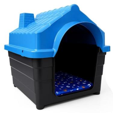Imagem de Casinha Plástica para Cachorro N4 e N5 com Colchonete – Casa Pet Impermeável e Resistente para Cães de Porte Pequeno e Médio(Azul COM colchão,N°4 (C:38 x L:33 x A:37))