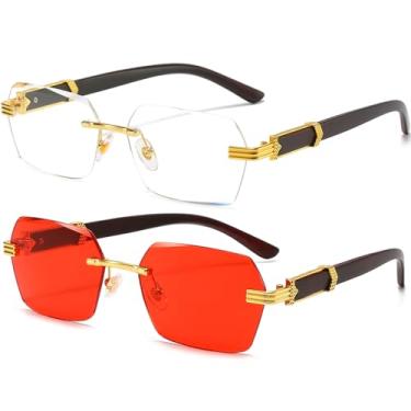 Imagem de AIEYEZO Óculos de sol retrô sem aro retangular, unissex, vintage, sem moldura, modernos, quadrados, matizados, Pacote com 2 (ouro/transparente + ouro/vermelho), MM
