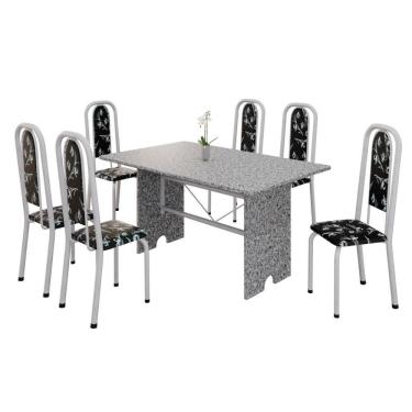 Imagem de Conjunto De Mesa Tubular 6 Cadeiras 140x75cm Mart Perola Com Tampo Em Granito Ocre Letícia 070 - Tudo De Móveis Botanic Bege