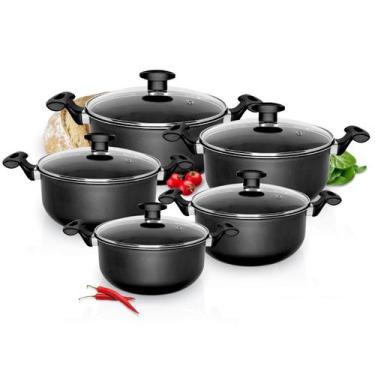 Imagem de Conjunto caçarola panela antiaderente 5 pçs preto com tampa de vidro -