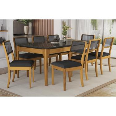 Imagem de Sala Jantar Mesa Mira Premium Madeira Maciça c/ Tampo Madeirado c/ Vidro 200x100cm e 8 Cadeiras Lola Carvalho/Preto - Boucle Chumbo - Kappesberg