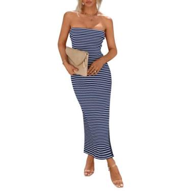 Imagem de Vestido PRETTYGARDEN Listrado Azul Marinho e Branco sem alça Maxi XXL