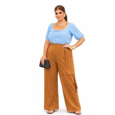 Imagem de Calça Pantalona Plus Size Cargo com Cintura Alta Cor:BegeTamanho:46 - 