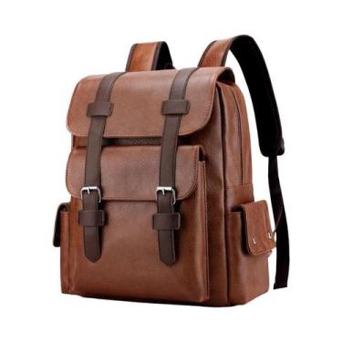 Imagem de Mochila Grande Masculina De Couro PU Preta Marrom Para Laptop, Para Ad