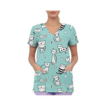 Imagem de Blusa De Enfermagem Feminina Com Estampa De Gato Fofo, Uniforme Cirúrg