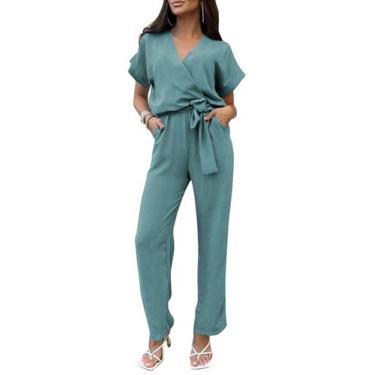 Imagem de Macacão Feminino PRETTYGARDEN Decote V Transpassado com Cinto Azul Ver