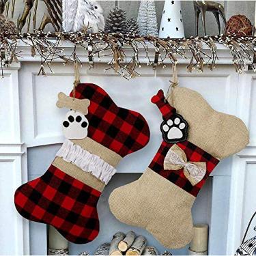 Imagem de Yajun Conjunto de meias de Natal para cães 42 cm 26 cm de algodão e osso de juta para presente de Natal, bolsa de doces pendurada para cães, A