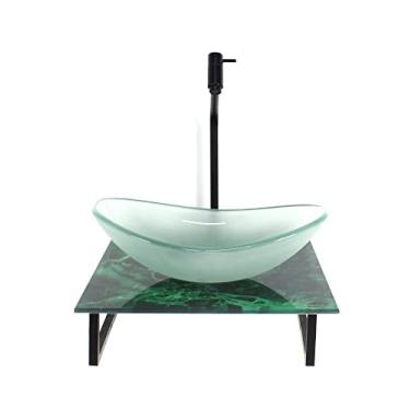 Imagem de KIT CUBA DE VIDRO OVAL 10MM JATEADA COM TAMPO DE VIDRO 40CM X 40CM MÁRMORE VERDE E SUPORTE PRETO