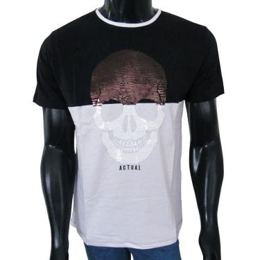 Imagem de Camiseta Actual Caveira em Paetê Reversível Preto e Branco