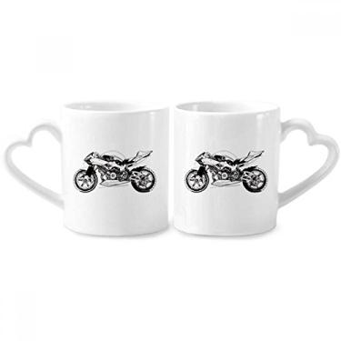 Imagem de Conjunto de canecas de porcelana para casais, padrão de ilustração de motocicleta preta, alça de coração
