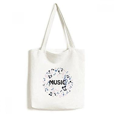 Imagem de Bolsa sacola de lona azul escura com notas musicais em formato redondo bolsa de compras casual