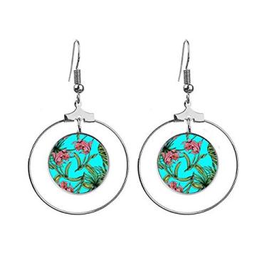 Imagem de Brincos de flor com folha azul céu feliz pendente argola joia círculo gota