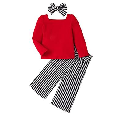 Imagem de Camiseta de manga comprida para bebês e meninas com listras e calça com roupas fofas, Vermelho, 2-3 Anos