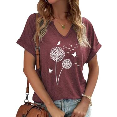 Imagem de Dandelion Shirts Camiseta feminina com gola V e girassol flores silvestres estampa casual, Vermelho - 1, XXG