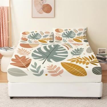 Imagem de Jogo de lençol casal 4 peças - folhas pintadas botânicas bege microfibra escovada luxuosa - macio e respirável - lençol de cima, lençol de cima, fronhas