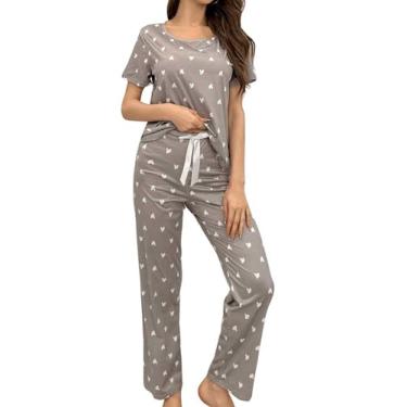 Imagem de SOLY HUX Conjunto de pijama feminino com estampa de coração, camiseta e calça de manga curta, roupa de dormir, Coração cinza claro, G