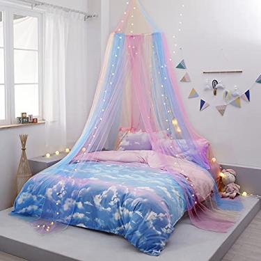 Imagem de Dossel de cama arco-íris com luzes – rede para quarto de meninas para camas de solteiro, casal, queen size – decoração de quarto com cantos de leitura