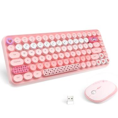 Imagem de LexonElec Conjunto de teclado e mouse sem fio rosa 308i, máquina de escrever retrô com lindas teclas redondas gradientes, teclado de toque suave, para Mac/Windows/PC/Lapto