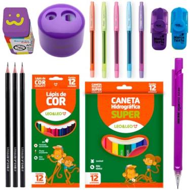 Imagem de Kit Material Escolar Infantil Canetinha Lápis de Cor Apagável Marca Texto Apontador Borracha - Leo e Leo (Roxo)