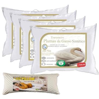 Imagem de Kit 4 Travesseiros Toque Pluma de Ganso com Fibra de Bambu + Travesseiro de Perna