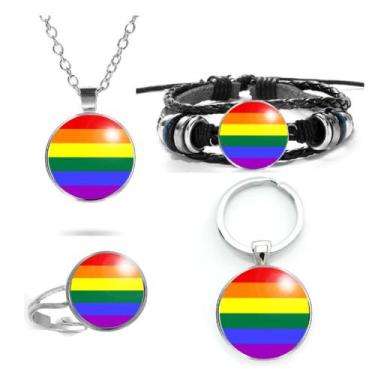 Imagem de Kit Gay Masculino ou Unissex Pulseira, Chaveiro, Anel e Colar com a Ba