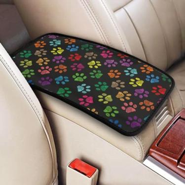 Imagem de DORKEIXIA Impressão de pata de cachorro arco-íris impressões coloridas de pé almofada de apoio de braço console central de carro universal capa de caixa de assento para Sedan, Van, SUV, caminhão carro