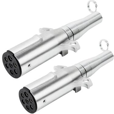 Imagem de Oyviny Plugue de reboque redondo de 7 pinos do lado do reboque com mola de extensão 2 peças, plugue semi reboque de 7 vias fundido de zinco com protetor de cabo, soquete de reboque redondo de 7 pinos