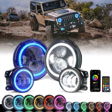 Imagem de Xprite 7" polegadas RGB o Halo LED faróis e 4" Faróis Nevoeiro Led Combo Farol Assembly Bluetooth controlado RGB kits de luz para 2007-2018 Jeep Wrangler JK JKU