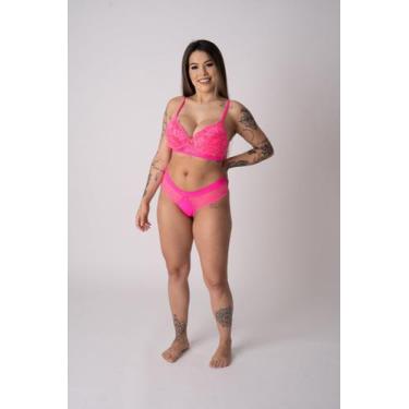 Imagem de Conjunto Confort Rosa Neon com Barra de Elástico em Renda e Microfibra