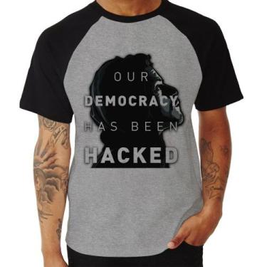 Imagem de Camiseta Raglan Our Democracy Has Been Hacked - Foca na Moda, Cinza, P