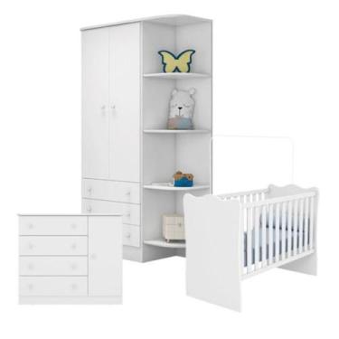 Imagem de Quarto de Bebê Completo Berço Guarda Roupa Cômoda Doce Sonho Branco Qm