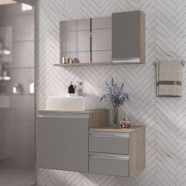 Imagem de Conjunto Gabinete Banheiro Cross 80 (gabinete+espelheira+cuba) Madeirado Cinza