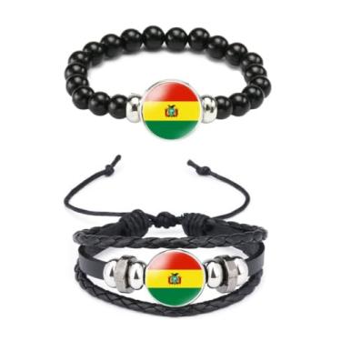 Imagem de Ykonuyis Pulseira de corda elástica de metal com contas pretas e pulseira de corda trançada de couro de liga para homens e mulheres apoia o seu país, Medium, Zinco, Vidro