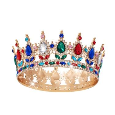 Imagem de Coroa feminina, coroa de rainha com strass dourado KC, tiara elegante para eventos de casamento, aniversário e fantasia, acessórios de cabelo de princesa de cristal, Large, Vidro orgânico, Strass
