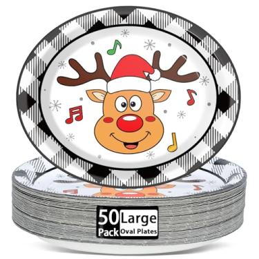 Imagem de Lonfliness 50 Pratos Oval Xadrez Búfalo de Papel, 28 cm, Descartáveis, Natal, Preto e Branco, Resistentes, para Natal, Férias, Jantar