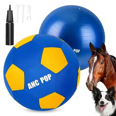 Imagem de ANC POP Bola de pastoreio para cães bola de cavalo e capa de bola de 63,5 cm bola para cavalos grande com bomba manual para brincar bola de pastoreio bola de pastoreio brinquedos de cavalo para cavalos estábulo, azul e amarelo