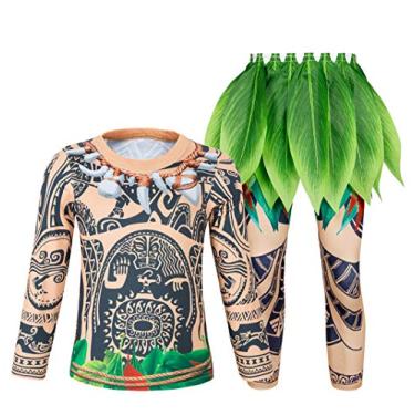 Imagem de Jurebecia Boys Costume Cartoon 3-Piece Long Sleeve Set Kids Ocean Adventure Suit with Leaf Skirt Halloween Dress Up Fancy Birthday Party Outfit Cosplay Role Play Size 6T/7-8 Years