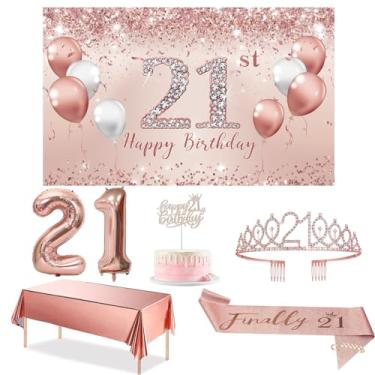 Imagem de Trgowaul Decorações De Aniversário De 21 Anos Para Ela, Faixa De Ouro Rosa De 21 Anos, Toalha De Mesa, Faixa E Coroa De 21 Anos, 1 Peça Topo De Bolo De 21 Anos, Balões Rosa De 21 Números, Decorações D