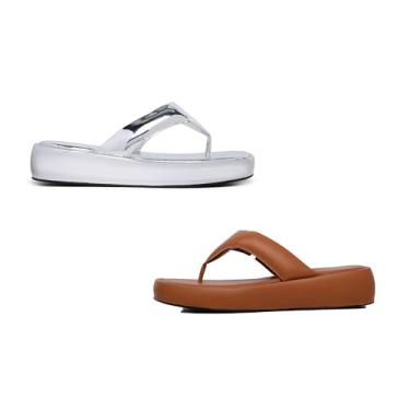 Imagem de Novo Hábito, Kit 2 Sandália Papete Feminina Estilo Flat Plataformas Cor:Caramelo e Prata;Tamanho:40