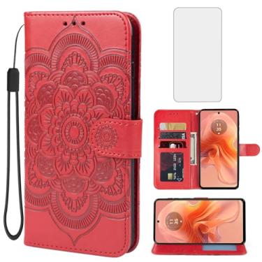 Imagem de Bohefo Capa para Moto G24/Moto G04/Moto E14/Moto G04S XT2423-1 Capa carteira com protetor de tela de vidro temperado, capa de telefone de couro mandala flip suporte para cartão de crédito para