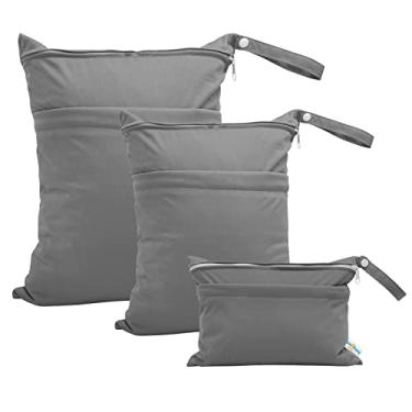Imagem de babygoal Sacos Secos e Molhados para Fraldas de Pano de Bebê, Sacos de Viagem Laváveis, Praia, Piscina, Bolsa de Ginástica para Maiôs e Roupas Molhadas com Dois Bolsos com Zíper, P (P+M+G, Cinza)