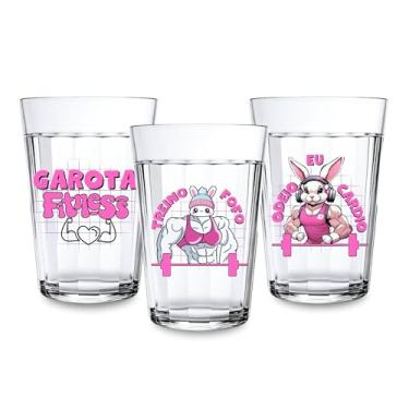 Imagem de Jogo 3 Copos Americano Estampa Treino Fofo Eu Odeio Cardio Garota Fitness Rosa Vidro 190ml Presente Frases Meme Academia Fitness