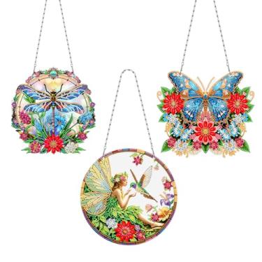 Imagem de MaiYiYi Kit de pintura com pingente de arte de diamante para pendurar 3 peças, conjunto especial de pintura de joias de cristal de fadas, ornamentos de pintura de diamante de borboleta, ornamentos