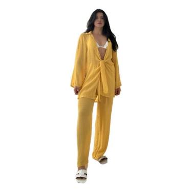 Imagem de Blusa E Calça Em Tecido Leve  Saída De Praia Lisa - NoBrand, Amarelo, 