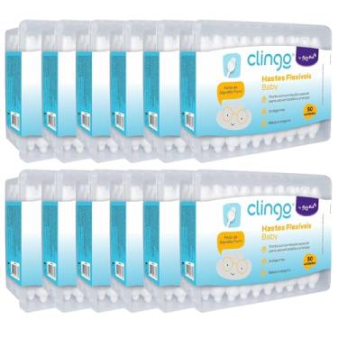 Imagem de Clingo Kit Hastes Flexíveis de Algodão para Bebê, Pack 12 Caixas com 50 Unidades cada, Ponta Especial de Segurança, 100% Algodão Puro, Macio e Seguro.