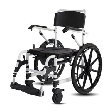 Imagem de Cadeira de rodas dobrável para chuveiro - Cadeira de rodas com assento lateral acolchoado de 300 libras Cadeira de chuveiro com rodízios à prova d'água com braços e encosto sobre rodízios