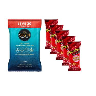 Imagem de Kit Preservativo Blowtex Morango 60 uni. + Lenços Umedecidos Skyn Leve 20 Pague 16