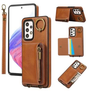 Imagem de Capa para Samsung GalaxyA15 com suporte para cartão com zíper, 4 compartimentos e suporte – Capa de telefone com textura de bezerro, alça de pulso e anel de metal, capa de telefone à prova de choque